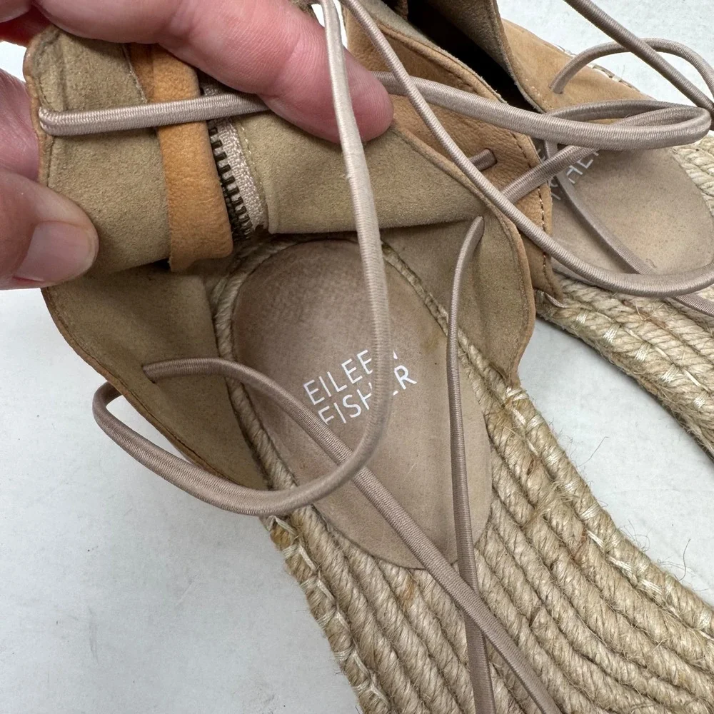 Eileen Fisher Lace Up Espadrille Flats Tan 7.5 Suede Boho Beachy Casual Shoes